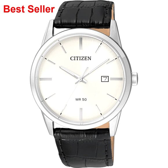 Stainless Steel Watch with Leather Strap Quartz Movement Water Resistant